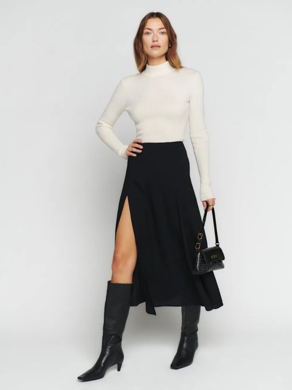 Reformation Black Ribbed High Slit Knit Maxi Skirt Tencel Spandex Blend Small - Picture 3 of 10